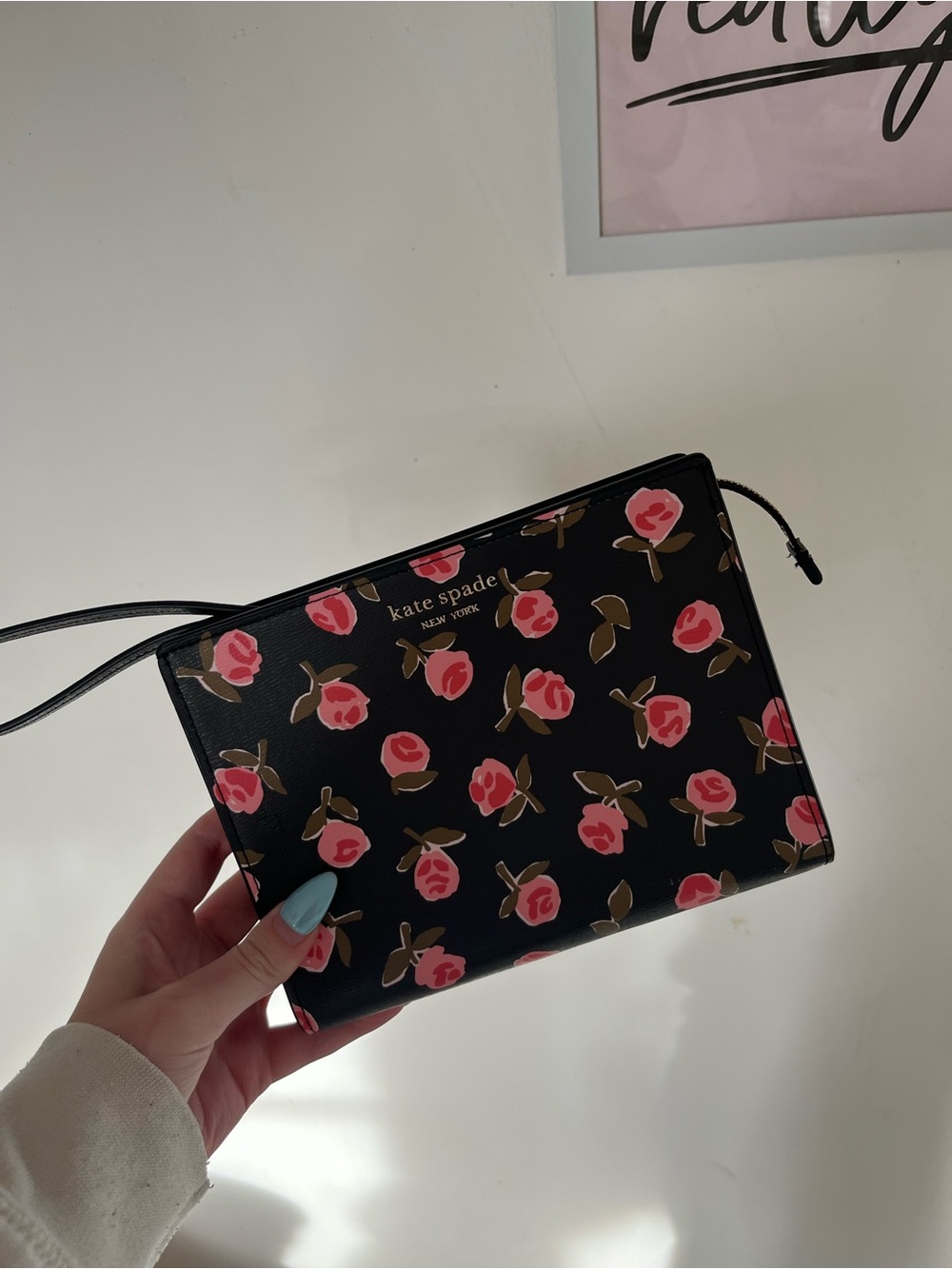 kate spade Black Floral Wristlet with Pink Roses